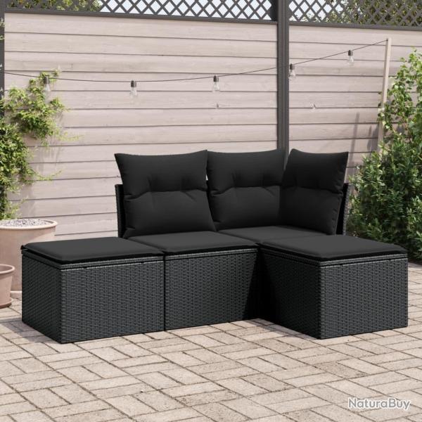 Salon de jardin 4 pcs avec coussins noir r�sine tress�e