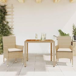 Ensemble &agrave; manger de jardin et coussins 3pcs beige rotin acacia alsavelo