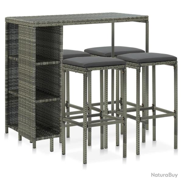 bar de jardin 5 pcs et coussins R�sine tress�e Gris