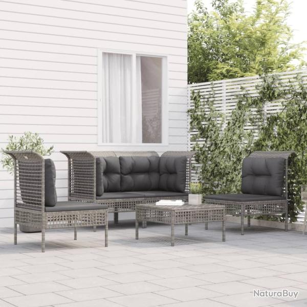 Salon de jardin 5 pcs avec coussins Gris R�sine tress�e alsavelo
