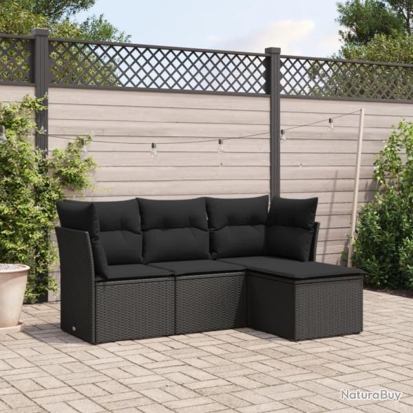 Salon de jardin 4 pcs avec coussins noir r�sine tress�e