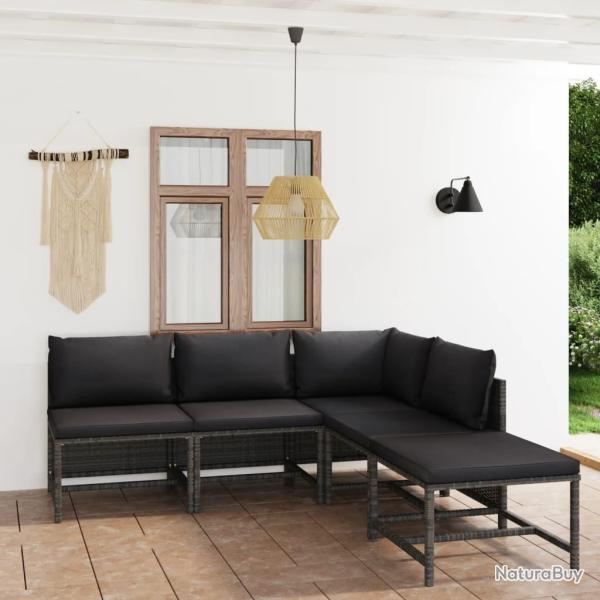 Salon de jardin 5 pcs avec coussins R�sine tress�e Gris
