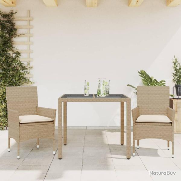Ensemble  manger de jardin et coussins 3 pcs beige rotin verre alsavelo
