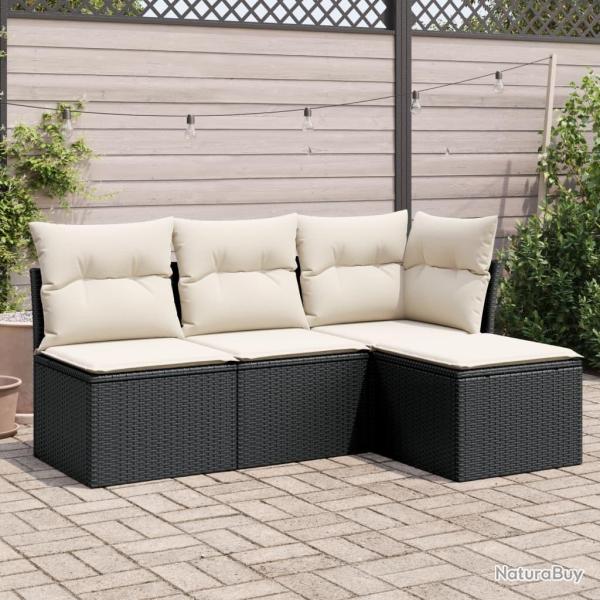 Salon de jardin 4 pcs avec coussins noir r�sine tress�e