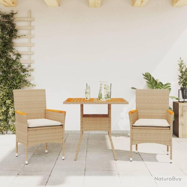 Ensemble  manger de jardin et coussins 3pcs beige rotin acacia alsavelo