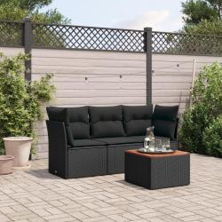 Salon de jardin 4 pcs avec coussins noir r&eacute;sine tress&eacute;e