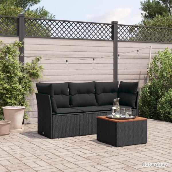Salon de jardin 4 pcs avec coussins noir r�sine tress�e