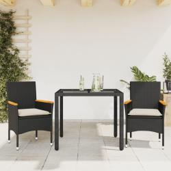 Ensemble &agrave; manger de jardin et coussins 3 pcs noir rotin verre