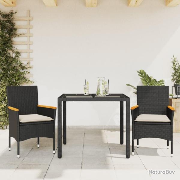 Ensemble � manger de jardin et coussins 3 pcs noir rotin verre