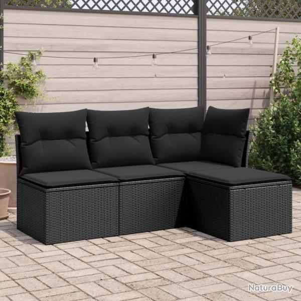 Salon de jardin 4 pcs avec coussins noir r�sine tress�e