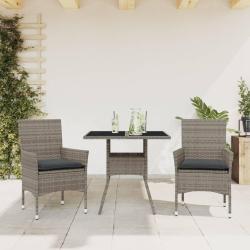 Ensemble &agrave; manger de jardin et coussins 3 pcs gris rotin verre