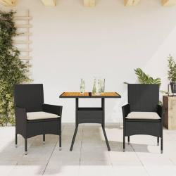 Ensemble &agrave; manger de jardin et coussins 3 pcs noir rotin acacia alsavelo
