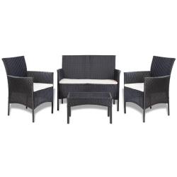 Salon de jardin 4 pcs avec coussins R&eacute;sine tress&eacute;e Noir