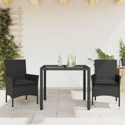 Ensemble &agrave; manger de jardin et coussins 3 pcs noir rotin verre alsavelo