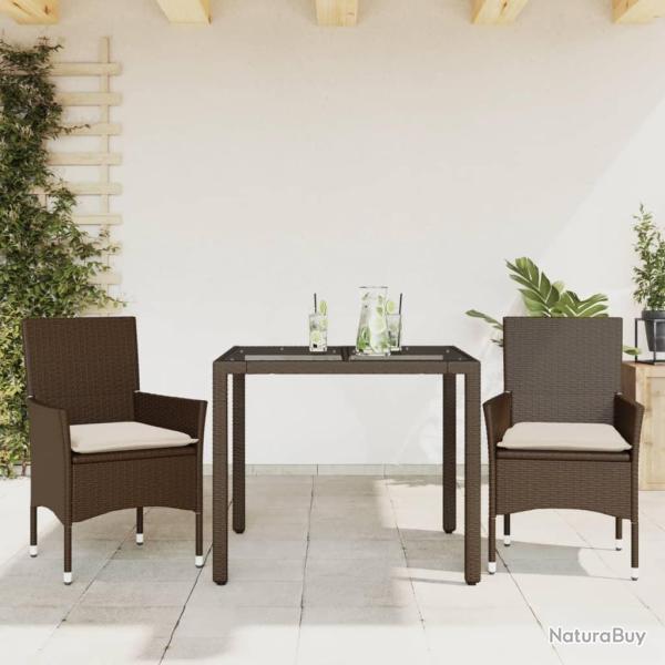 Ensemble � manger de jardin et coussins 3pcs marron rotin verre