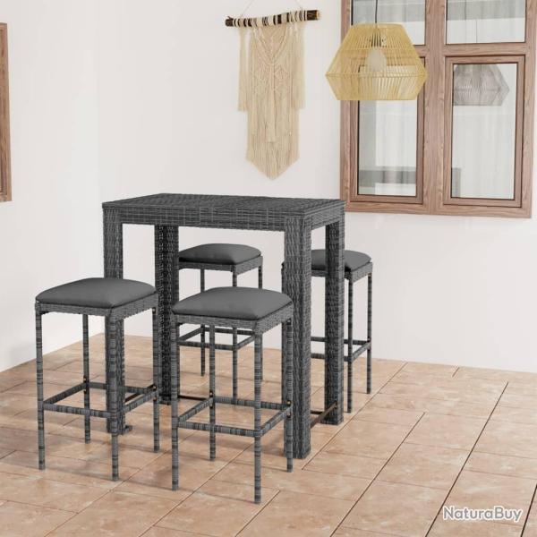 bar de jardin 5 pcs et coussins R�sine tress�e Gris