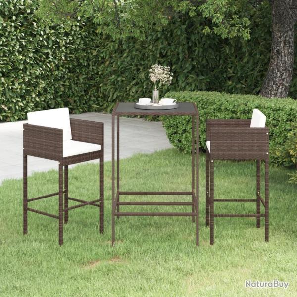 Meubles de bar de jardin 3pcs et coussins R�sine tress�e Marron