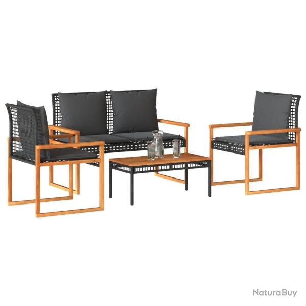Salon de jardin 4 pcs avec coussins Noir R�sine tress�e