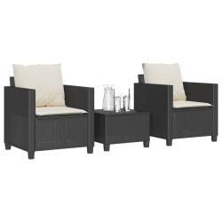 bistro 3 pcs avec coussins noir r&eacute;sine tress&eacute;e