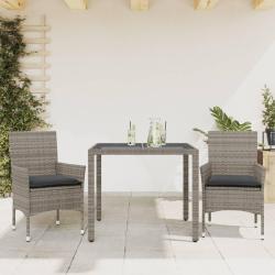 Ensemble &agrave; manger de jardin et coussins 3 pcs gris rotin verre alsavelo