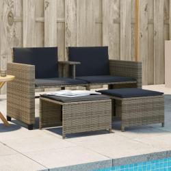 Canap&eacute; de jardin 2 places avec table et tabourets gris rotin