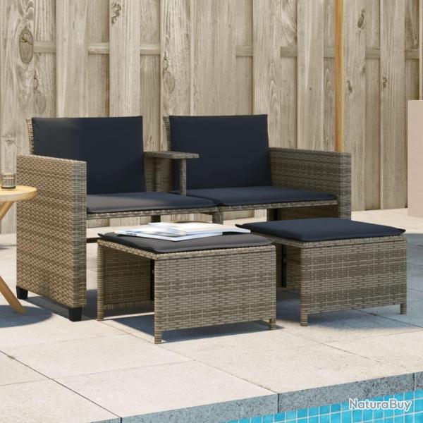 Canap� de jardin 2 places avec table et tabourets gris rotin