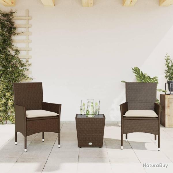 bistro avec coussins 3 pcs marron rotin et verre