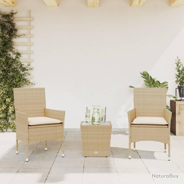 bistro avec coussins 3 pcs beige rotin et verre