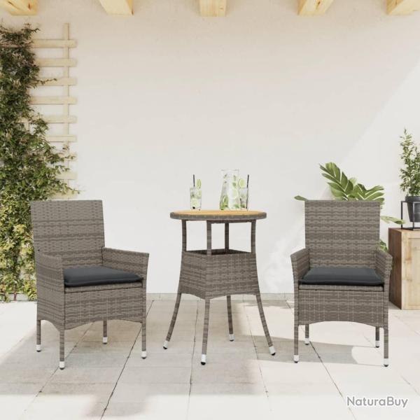 Ensemble  manger de jardin et coussins 3 pcs gris rotin acacia alsavelo
