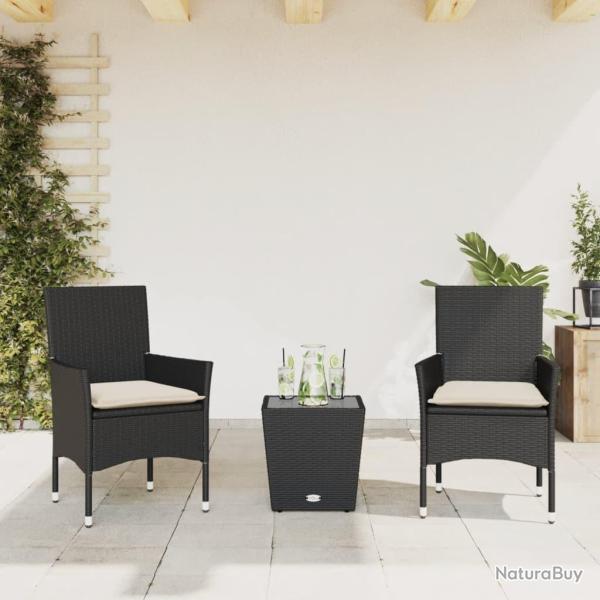 bistro avec coussins 3pcs noir r�sine tress�e verre alsavelo