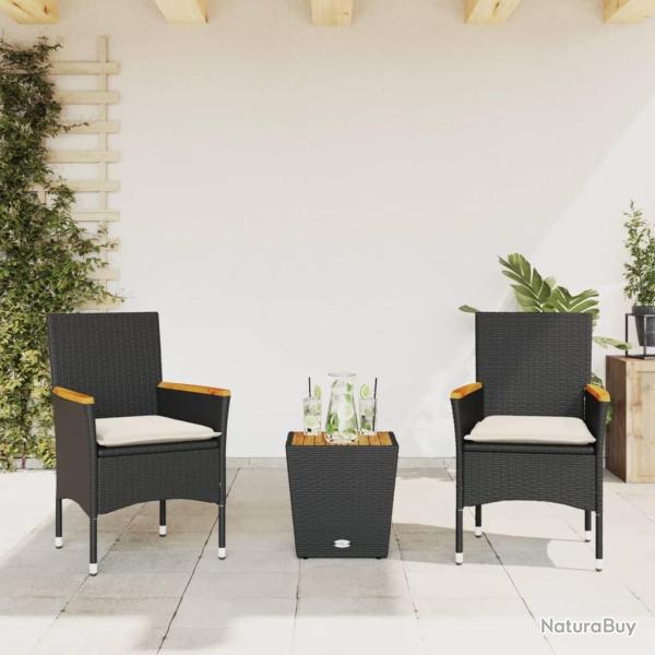 bistro avec coussins 3pcs noir r�sine tress�e verre alsavelo