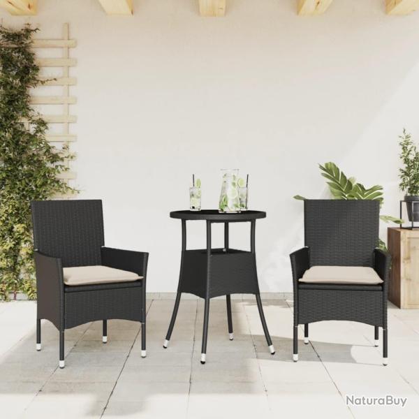 Ensemble � manger de jardin et coussins 3 pcs noir rotin verre