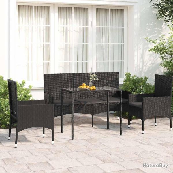 Salon de jardin 4 pcs avec coussins Noir R�sine tress�e