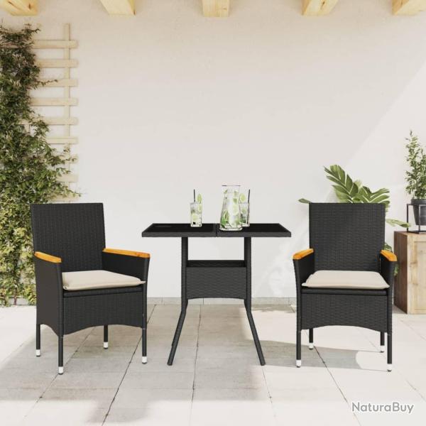 Ensemble  manger de jardin et coussins 3 pcs noir rotin verre alsavelo