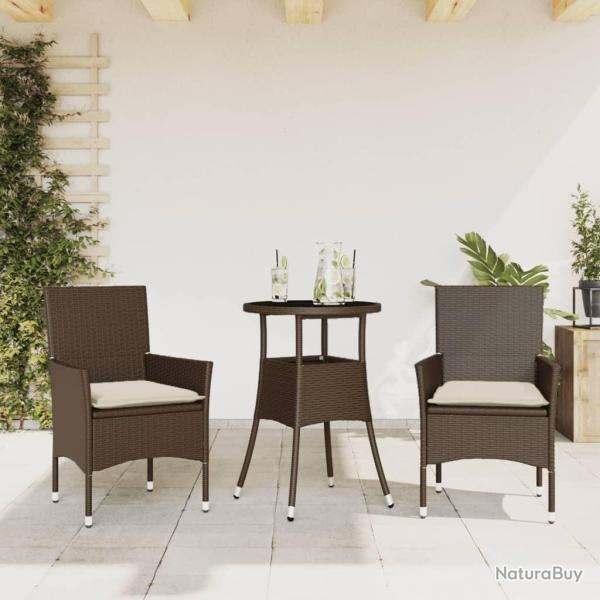 Ensemble � manger de jardin et coussins 3pcs marron rotin verre