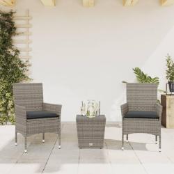 bistro avec coussins 3 pcs gris rotin et verre