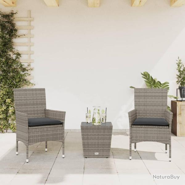 bistro avec coussins 3 pcs gris rotin et verre