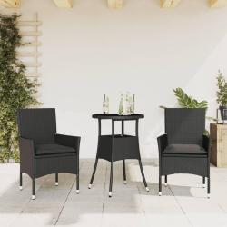Ensemble &agrave; manger de jardin et coussins 3 pcs noir rotin verre