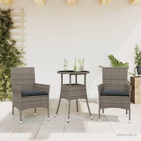 Ensemble � manger de jardin et coussins 3 pcs gris rotin verre