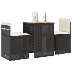 bistro 3 pcs avec coussins noir r&eacute;sine tress&eacute;e
