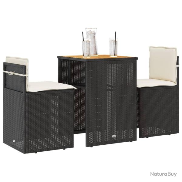 bistro 3 pcs avec coussins noir r�sine tress�e
