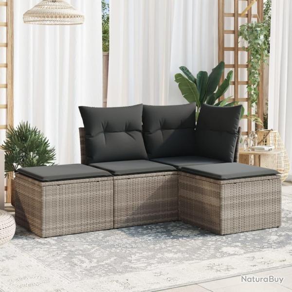Salon de jardin 4 pcs avec coussins gris clair r�sine tress�e