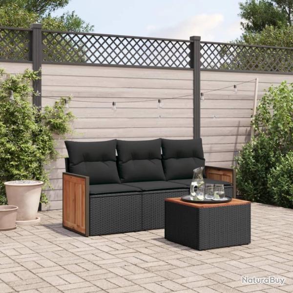 Salon de jardin 4 pcs avec coussins noir r�sine tress�e