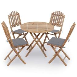 Mobilier &agrave; d&icirc;ner d'ext&eacute;rieur pliable 5 pcs avec coussins bambou