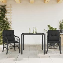 bistro 3 pcs avec coussins noir r&eacute;sine tress&eacute;e