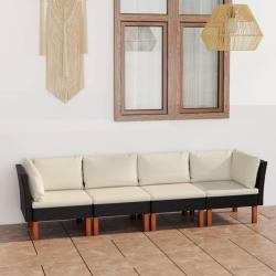 Canap&eacute; de jardin &agrave; 4 places avec coussins Noir R&eacute;sine tress&eacute;e