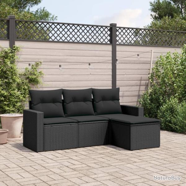 Salon de jardin 4 pcs avec coussins noir r�sine tress�e alsavelo