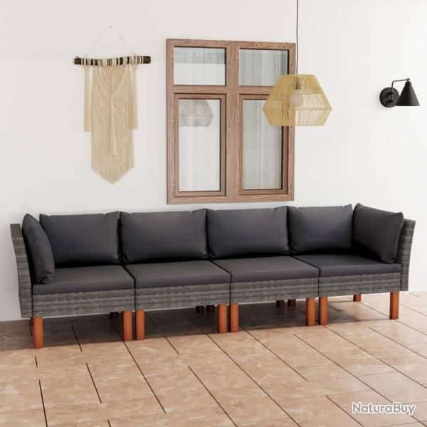 Canap� de jardin � 4 places avec coussins Gris R�sine tress�e alsavelo