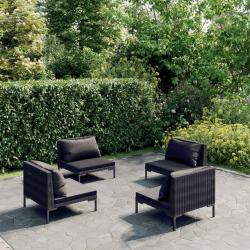 Salon de jardin 4 pcs avec coussins R&eacute;sine tress&eacute;e Gris fonc&eacute;