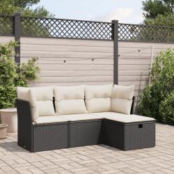 Salon de jardin 4 pcs avec coussins noir r&eacute;sine tress&eacute;e
